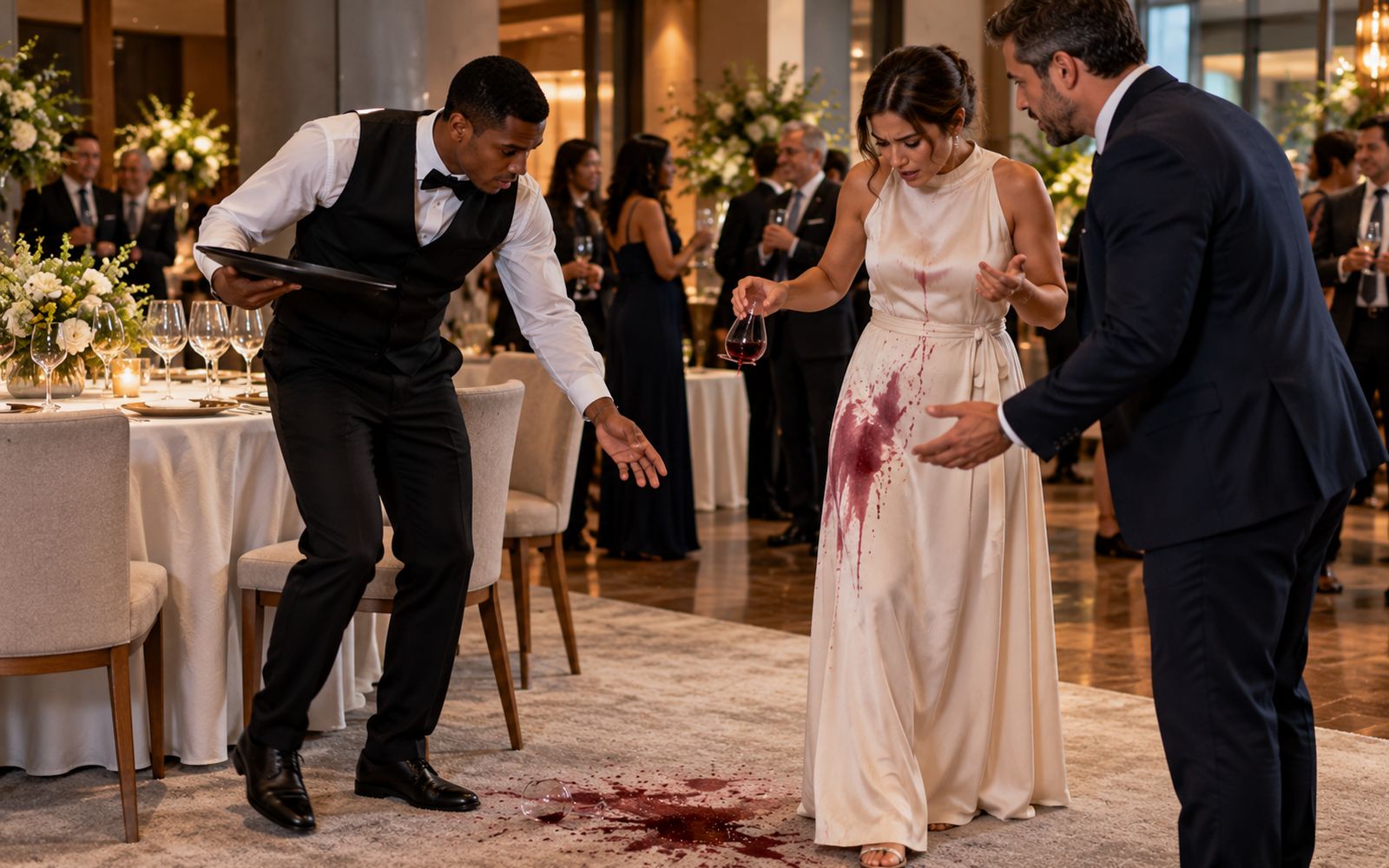 Num salão de festa, um garçom tropeça e derruba vinho tinto no vestido claro de uma convidada e no tapete, enquanto o gerente se aproxima para ajudar