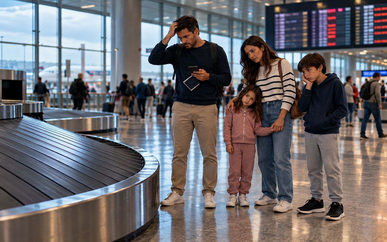Família parada na esteira de bagagem de um aeroporto, preocupada porque a mala não chegou, com o pai segurando o celular e a passagem